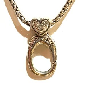 BRIGHTON Silver Plated Reversible Crystal Heart Charm/Badge Necklace